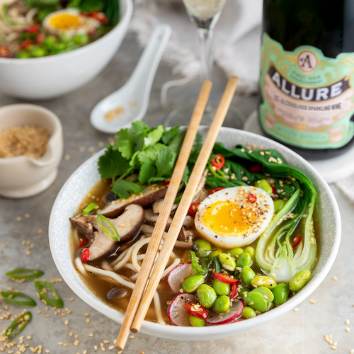 Asian Noodle Bowl with Allure Non-Alcoholic Sparkling Wine - Food Recipe